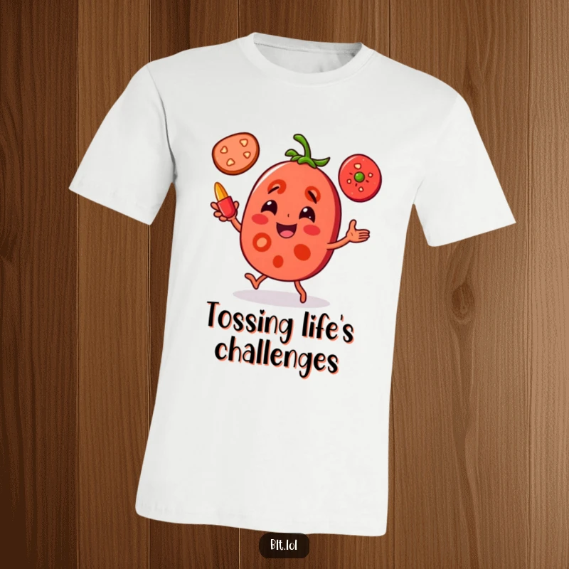 Funny Tomato Juggling T-Shirt: A joyful tomato slice character is juggling pepper slices with enthusiasm and skill.
