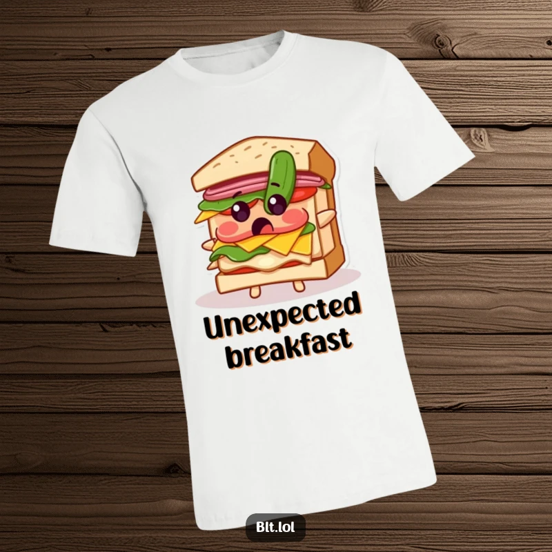 Funny t-shirt depicting a BLT sandwich in a state of shock as a pickle descends, capturing a moment of unexpected panic.
