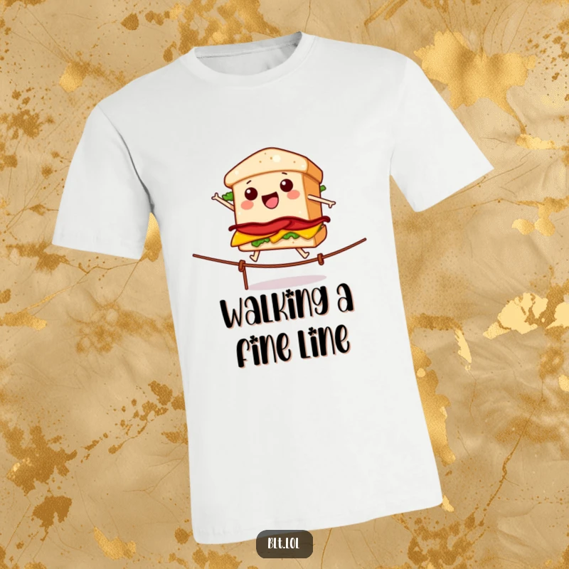 Funny t-shirt with a wobbly BLT sandwich performing a daring tightrope act, a humorous depiction of culinary courage.