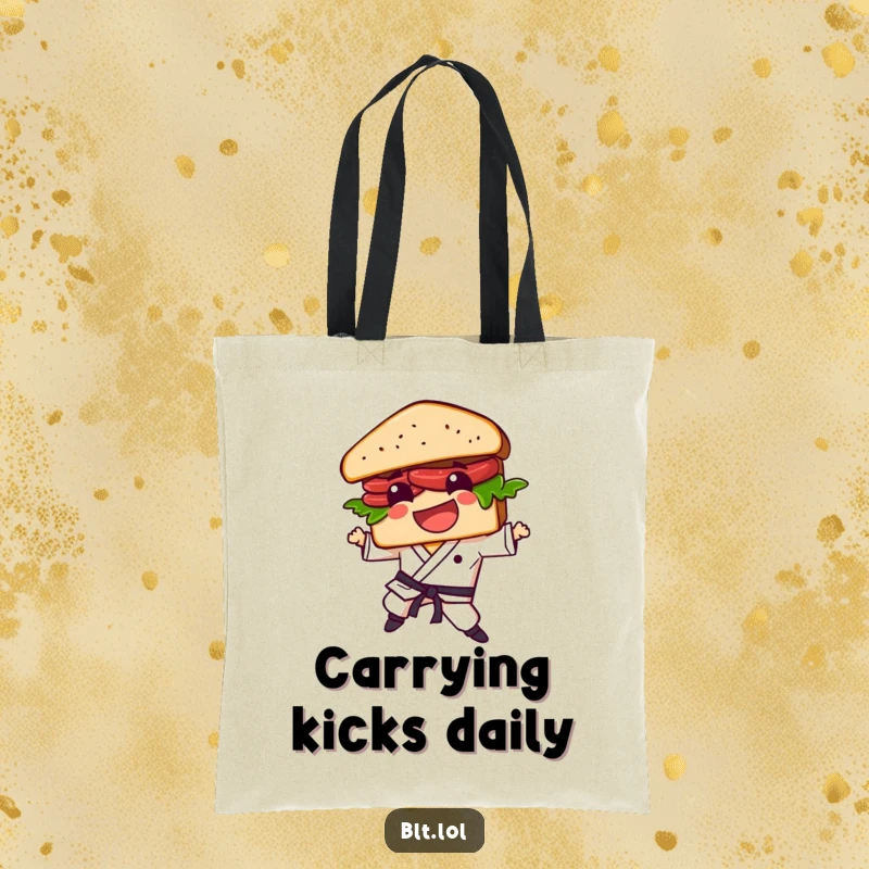 Funny BLT sandwich character demonstrating a forceful karate kick, designed on a durable tote bag for everyday use.