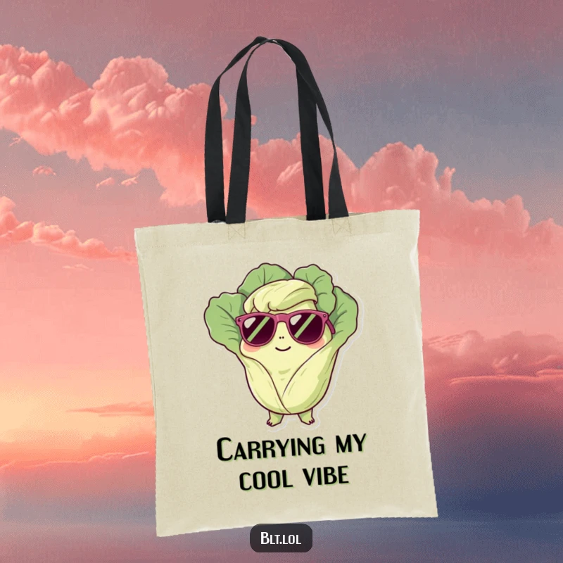 Funny Tote Bag: A stylish lettuce character wearing sunglasses, embodying chill vibes. Excellent funny gift for shoppers.