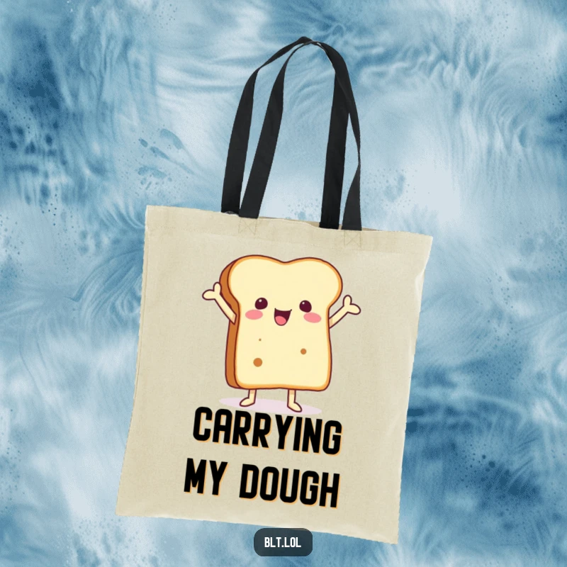 Funny tote bag with a joyful anthropomorphic bread slice with arms in the air, great for stylish, humorous carrying.