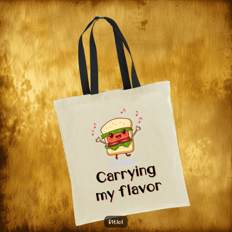 Funny Dancing BLT Sandwich Tote Bag, a happy sandwich character dancing with musical notes, practical and stylish accessory, ideal gift.