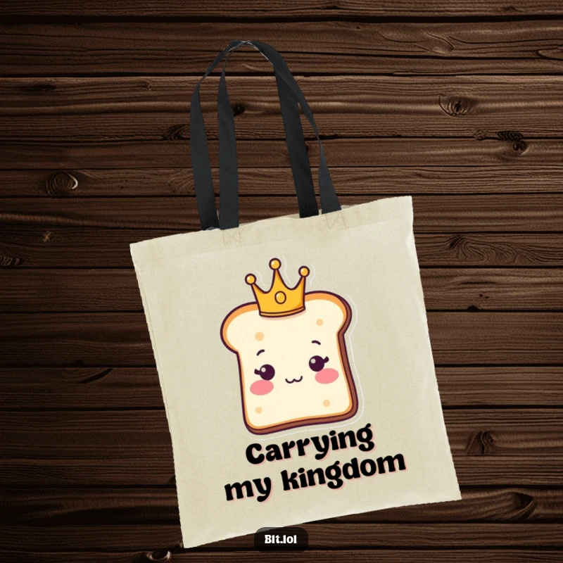 Funny Tote Bag: A bread slice wearing a tiny crown, ready for errands. Excellent funny gift for shoppers.