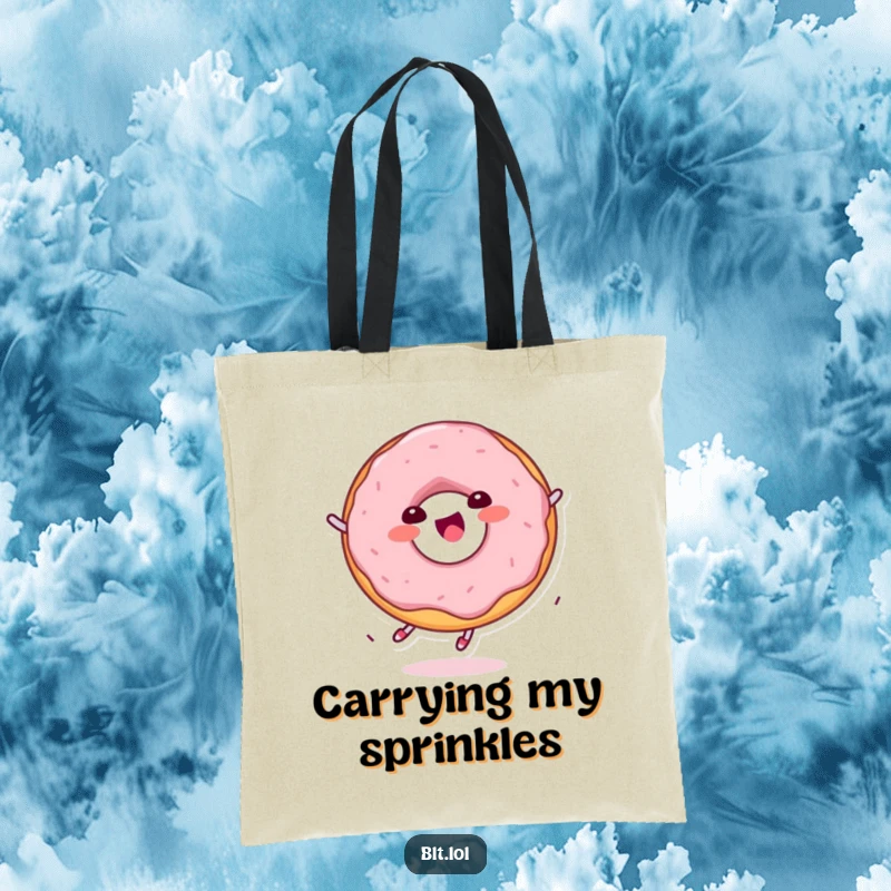 Funny delighted Kawaii donut character spinning on a stylish tote bag, ideal for shopping and daily use.