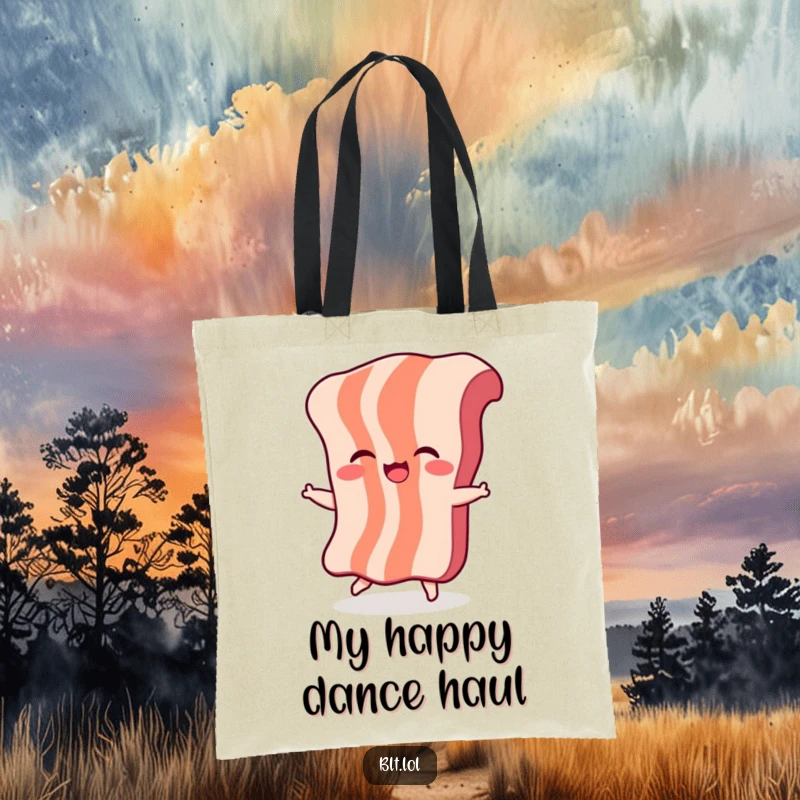 Funny Bacon Dance Tote Bag: A giggling piece of bacon character is dancing energetically, making this a fun and practical accessory.