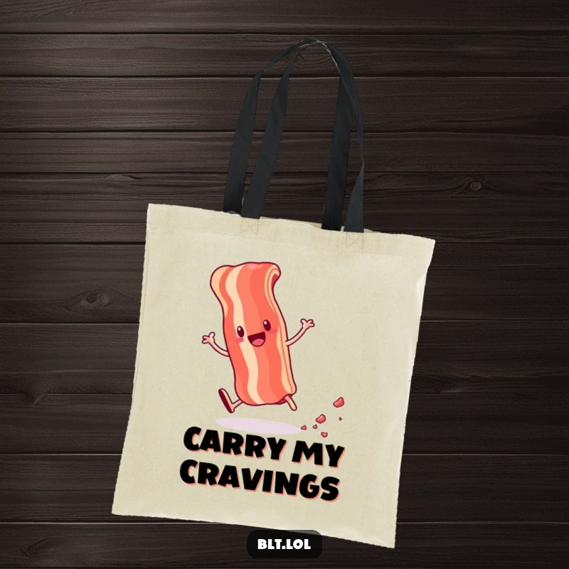 Funny tote bag with an anthropomorphic bacon strip cartwheeling and leaving tiny crumbs, great for stylish, humorous carrying.