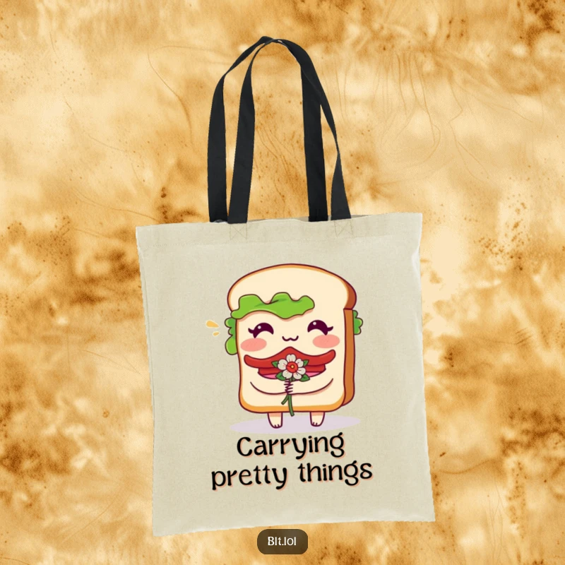 Funny Tote Bag showing a bashful BLT sandwich character blushing while holding a small bouquet of flowers, perfect for shopping.