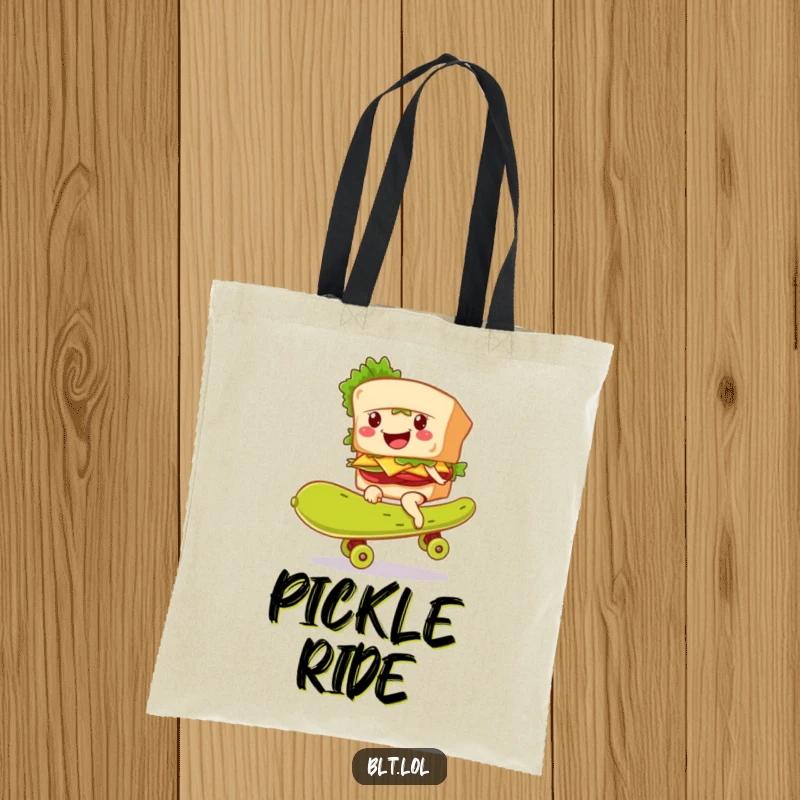 Durable tote bag featuring a funny BLT sandwich character smiling while riding a giant pickle like a skateboard.