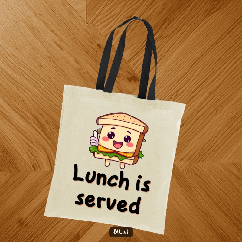 Funny Tote Bag with a happy BLT sandwich character giving a cheerful thumbs up, bringing delicious and humorous vibes.