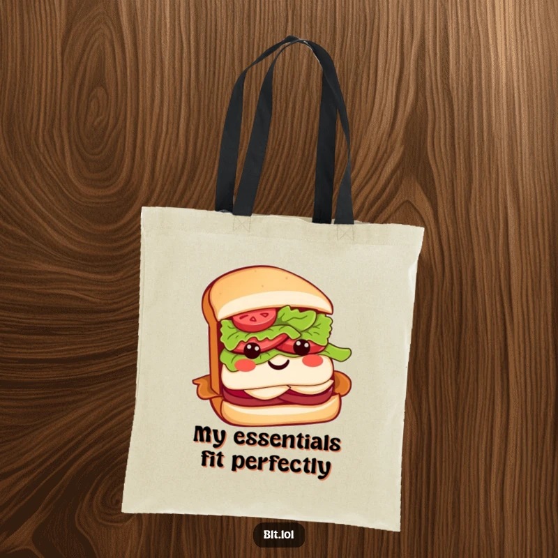 Funny BLT sandwich tote bag with a happy sandwich character and a cute lettuce bow, making errands delightful.