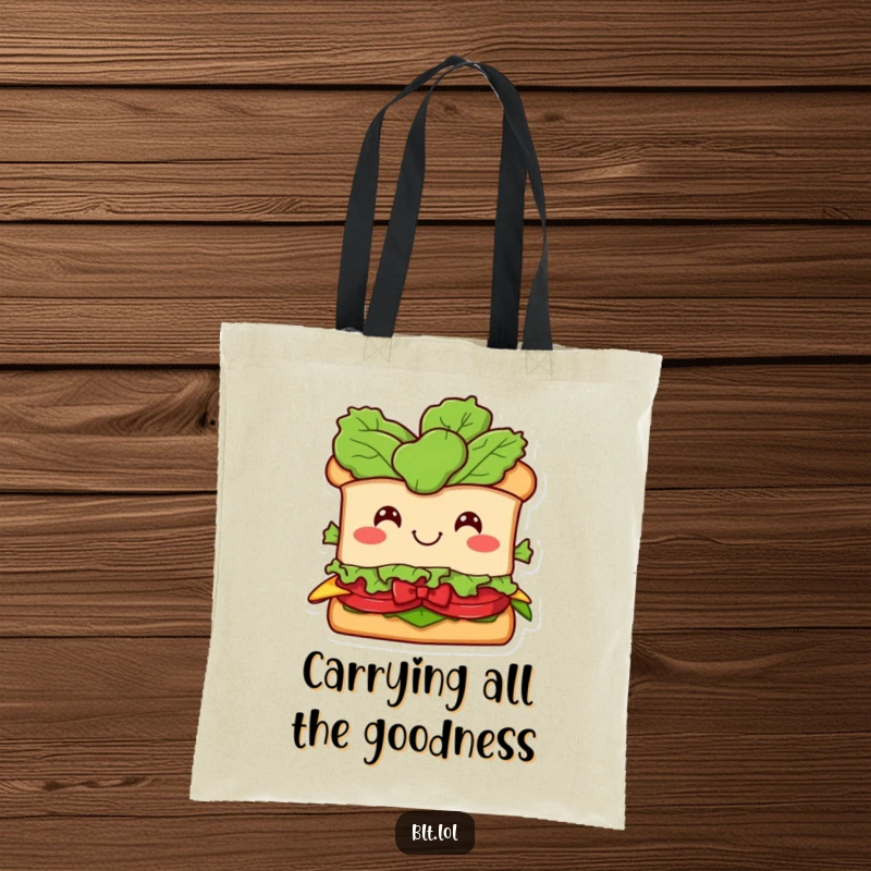Funny BLT Sandwich Tote Bag: A smiling BLT character with a lettuce head in a bow, illustrating a humorous and practical carry-all.