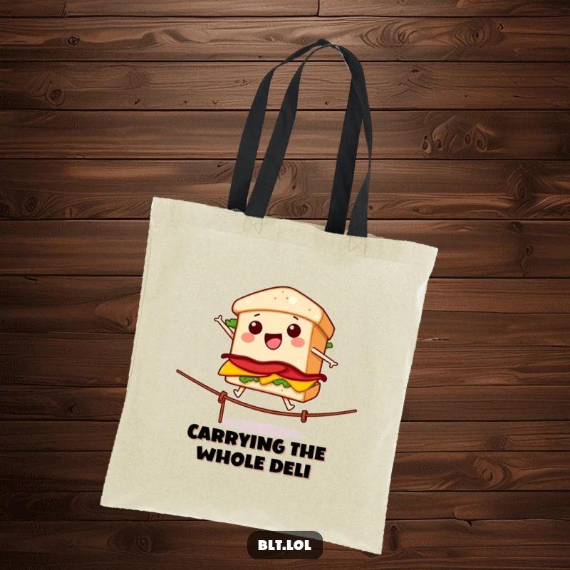 Funny tote bag depicting a wobbly BLT sandwich performing a tightrope act, ideal for carrying items with a humorous flair.