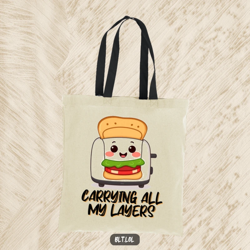 Funny Tote Bag showcasing a happy BLT sandwich character emerging from a toaster with a cheerful grin, ideal for grocery trips.
