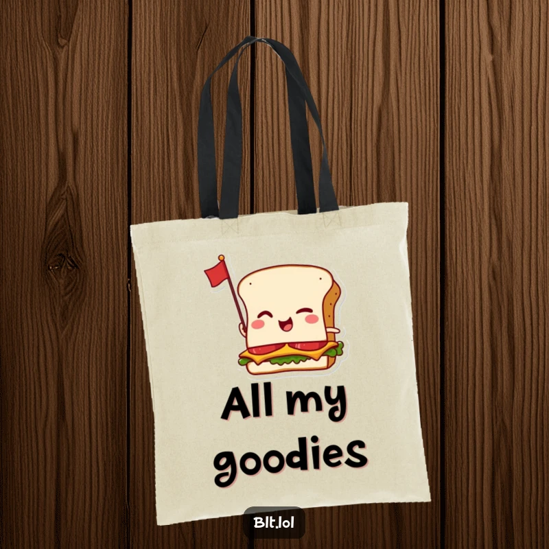 Funny tote bag with a winking anthropomorphic BLT sandwich and a tiny flag, great for stylish, humorous carrying.