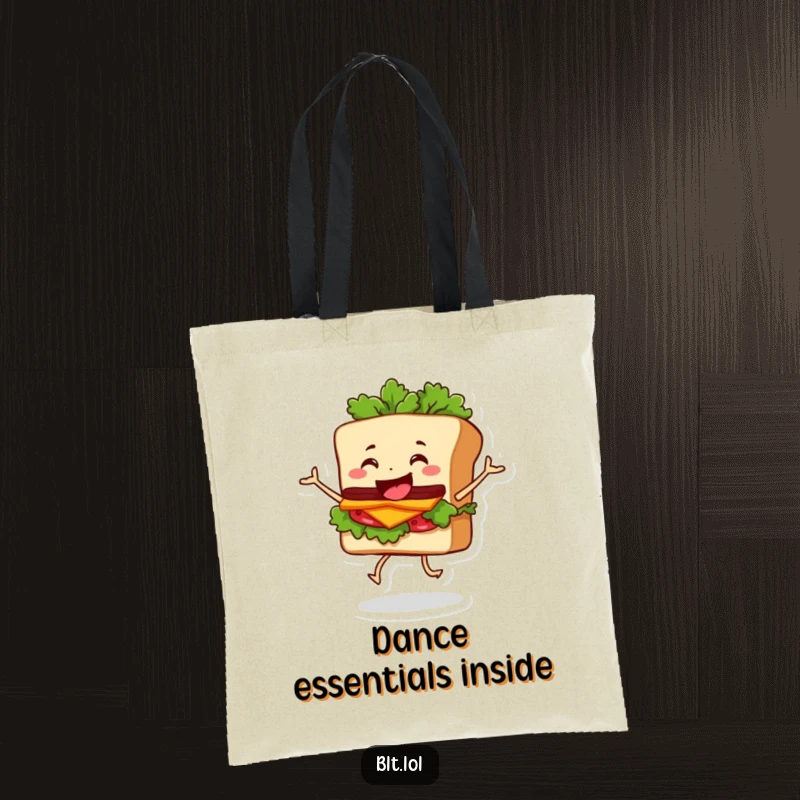 Funny Tote Bag illustrating a happy BLT sandwich character dancing with its lettuce wobbling, perfect for carrying groceries with flair.