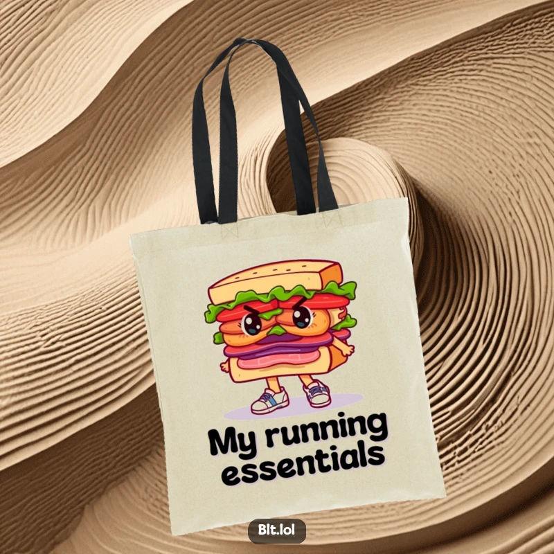Funny Tote Bag showing a determined BLT sandwich character wearing running shoes, ready for any challenge.