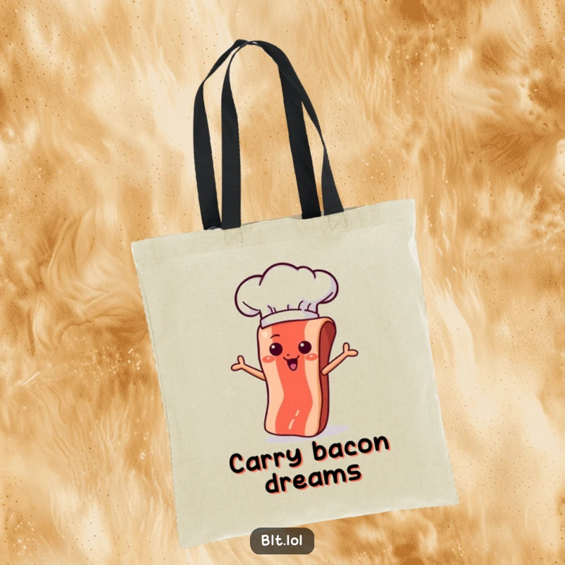 Funny bacon strip character in a chef hat, mid-flip, printed on a stylish and practical tote bag.