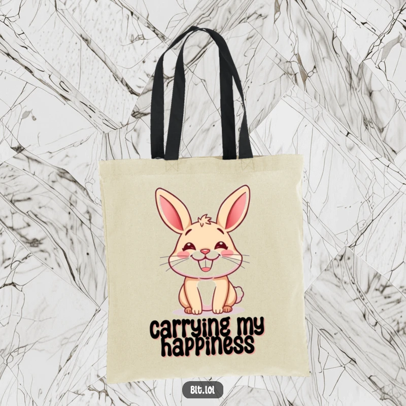 Funny tote bag showcasing a happy cartoon bun with a wide, friendly grin, perfect for carrying essentials with humor.