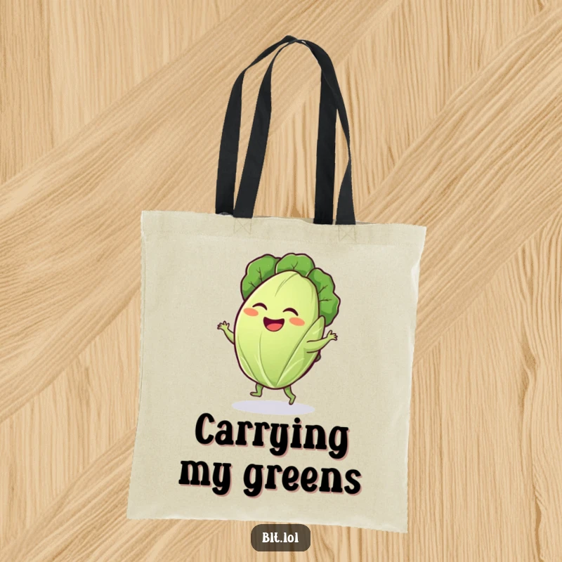 Funny lettuce leaf tote bag with a giggling leaf doing a silly dance, versatile for carrying items with humor.