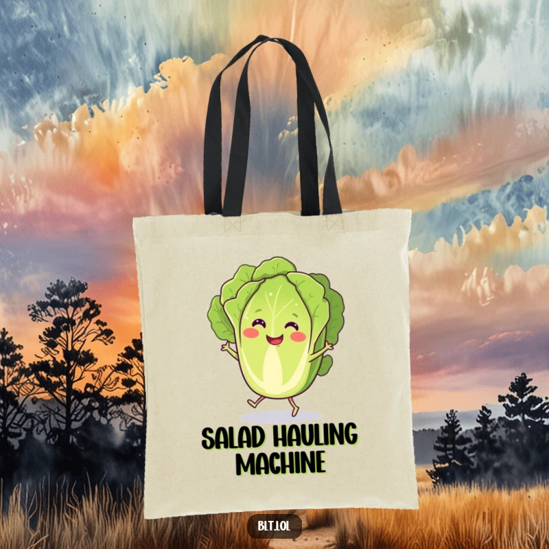 Funny Tote Bag with a smiling lettuce slice doing a spirited jig, bringing cheerful veggie vibes to your day.