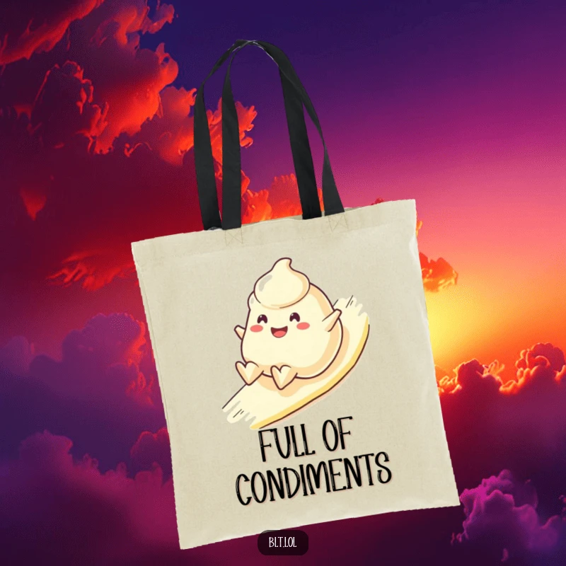 Funny Tote Bag featuring a cheerful mayonnaise blob character sliding downhill happily, a humorous and practical food accessory.