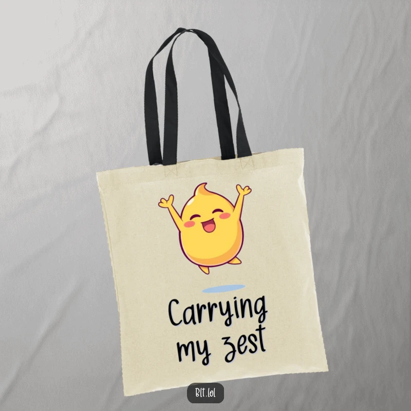 Funny energetic mustard blob leaping joyfully, designed on a versatile tote bag for carrying essentials with a smile.