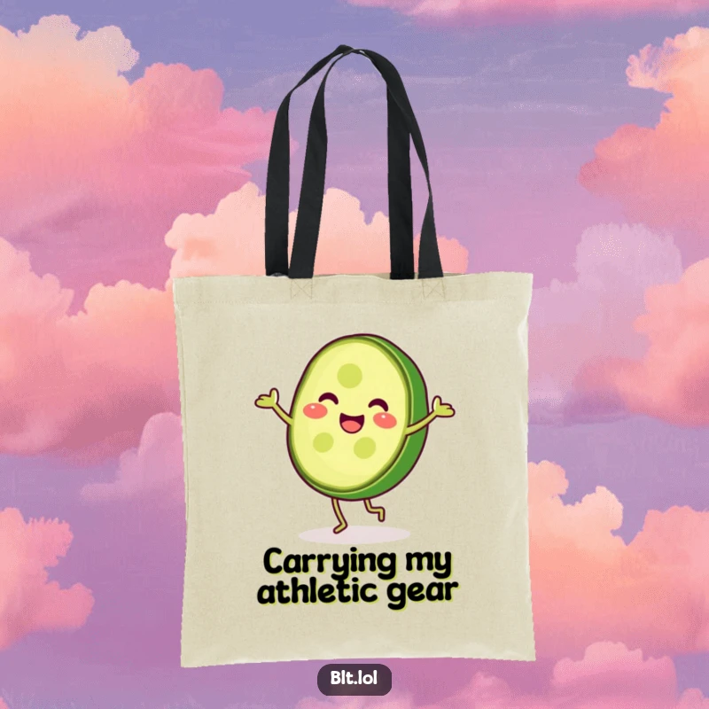 Funny pickle slice doing a cartwheel, ready for grocery runs, this tote bag is a humorous and practical accessory.