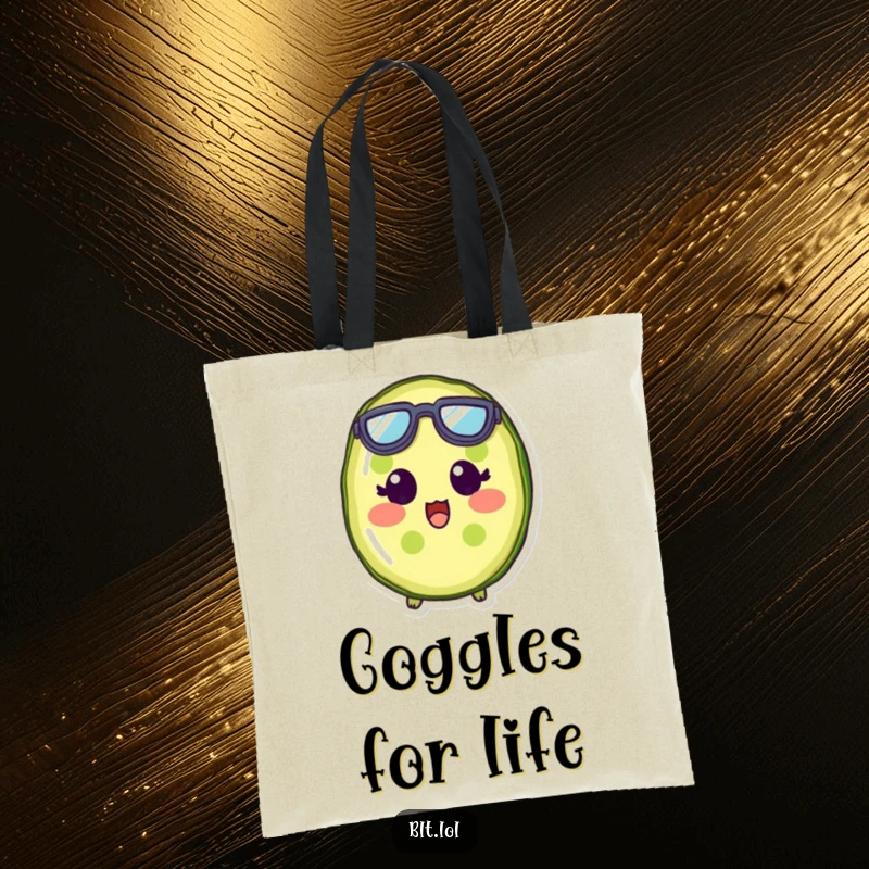 Funny pickle slice character wearing tiny goggles, looking utterly surprised, printed on a handy tote bag.