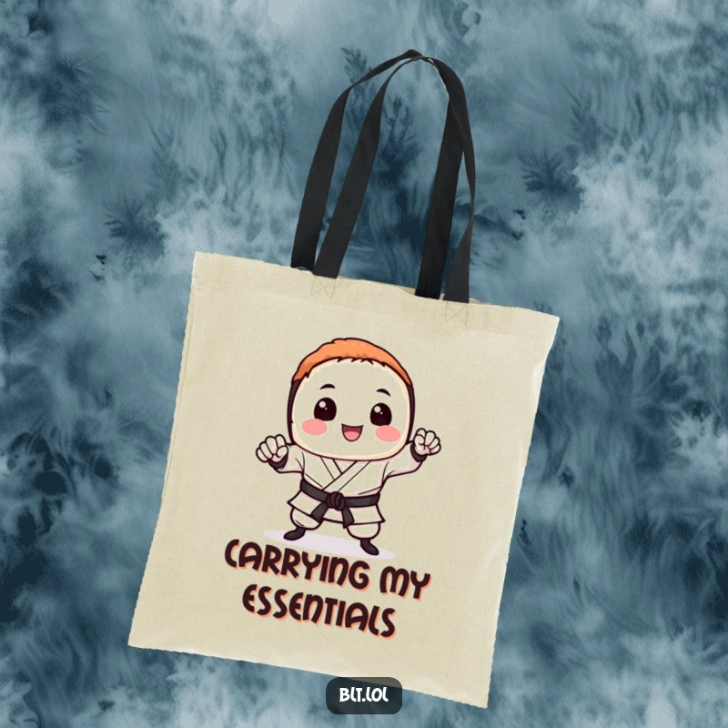 Funny sushi tote bag showcasing a smiling sushi piece delivering a mighty karate chop, versatile and humorous.