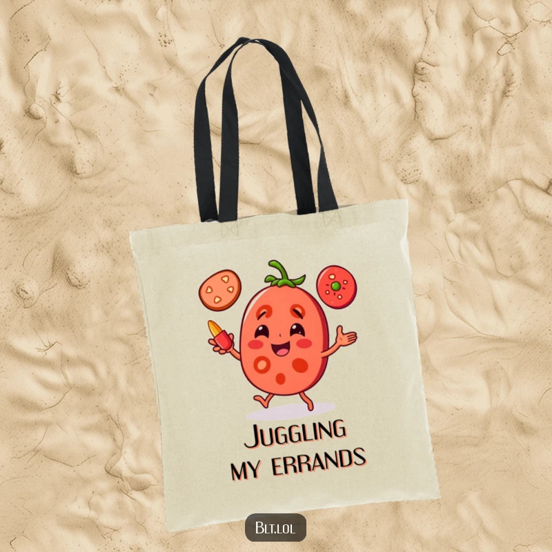 Funny Tomato Juggling Tote Bag: A joyful tomato slice character is juggling pepper slices, making this a fun and practical accessory.