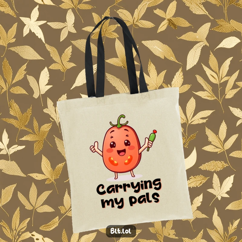 Funny Tote Bag with a smiling tomato slice waving a tiny pickle spear, bringing cheerful veggie vibes wherever you go.