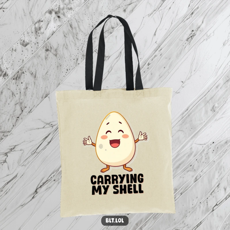 Funny anthropomorphic egg character waving energetically, a cheerful and humorous tote bag for everyday use.