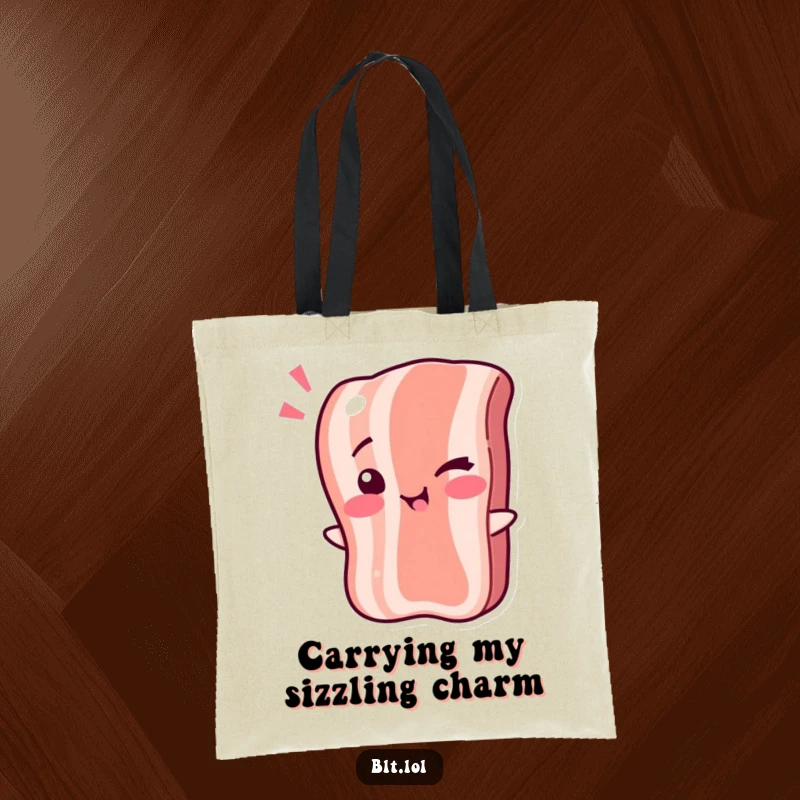 Funny Tote Bag: A bacon strip character winking playfully, ready for shopping. Excellent funny gift for foodies.