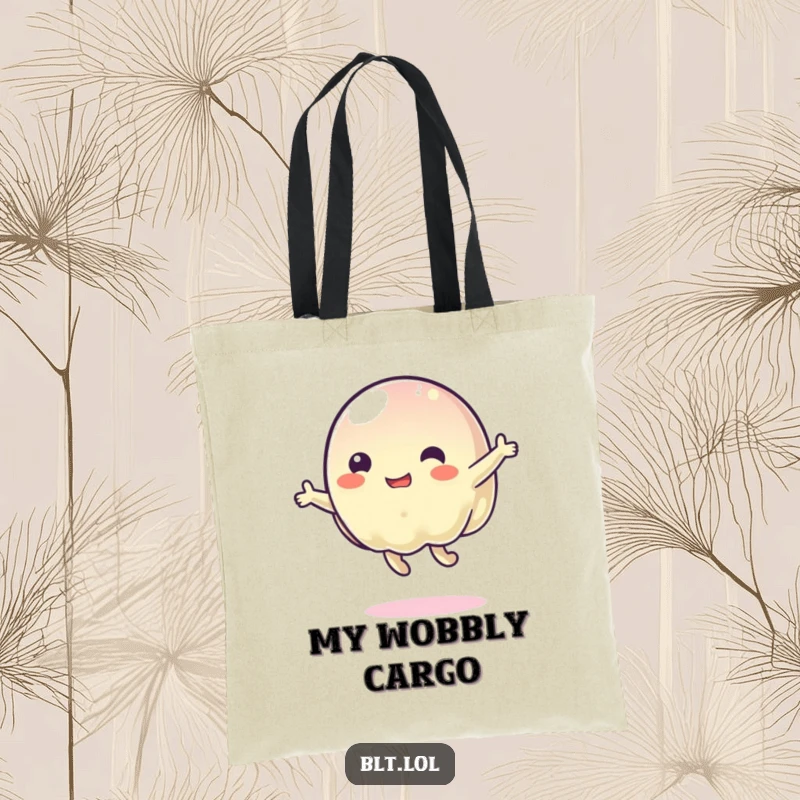 Funny wobbly jelly character bouncing energetically, designed on a practical tote bag for stylish and humorous carrying.