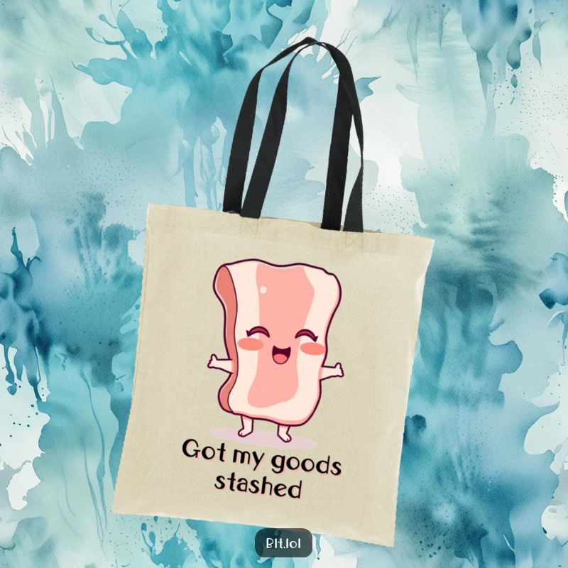 Funny bacon tote bag with a giggling character doing a dance, perfect for carrying essentials with a humorous touch.