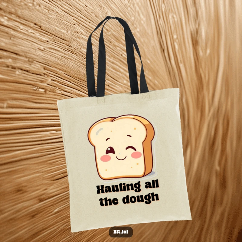 Funny smiling piece of bread winking on a tote bag, perfect for carrying essentials with cute, charming humor.