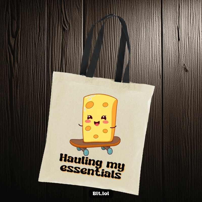 Funny giggling cheese slice on a skateboard on a tote bag, perfect for carrying essentials with rad, cheesy style.