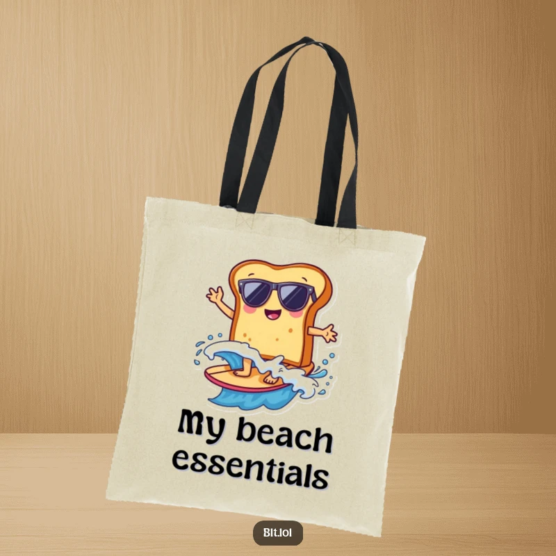 Funny bread slice wearing sunglasses surfing a wave, ready for beach trips, this tote bag is a humorous accessory.
