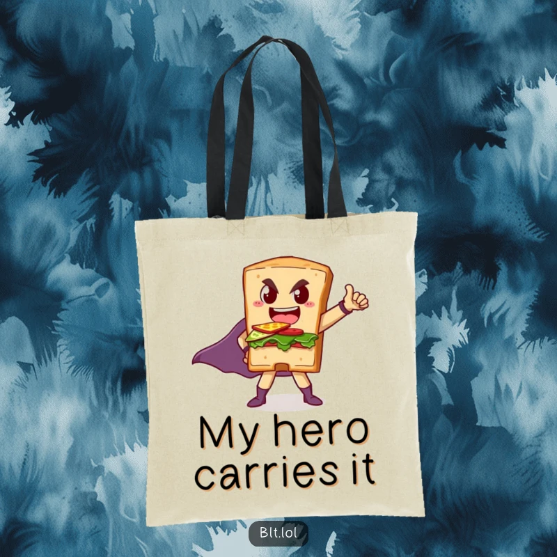 Funny tote bag with a BLT sandwich character striking a heroic superhero pose, ready for any challenge.