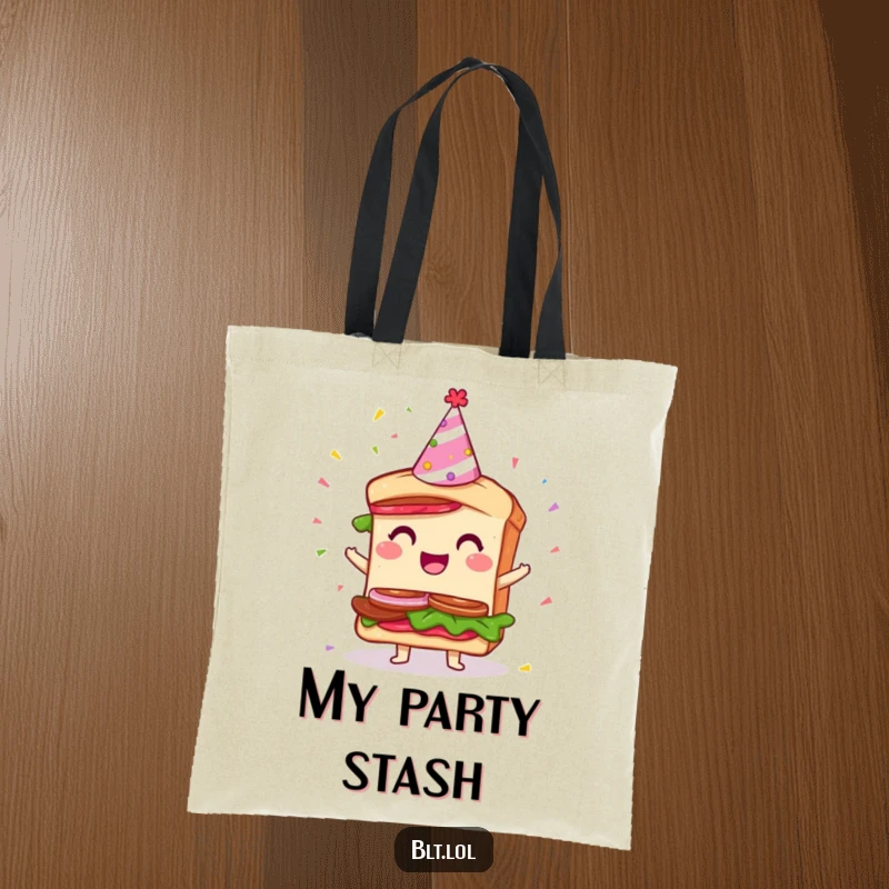 Funny Party BLT Sandwich Tote Bag: A giddy BLT sandwich wearing a party hat with confetti falling, making this bag festive.