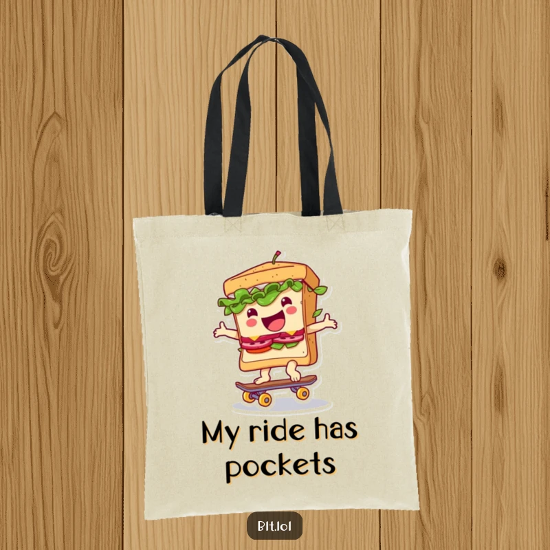 Funny tote bag showing a BLT sandwich gleefully riding a tiny skateboard, perfect for carrying essentials with flair.