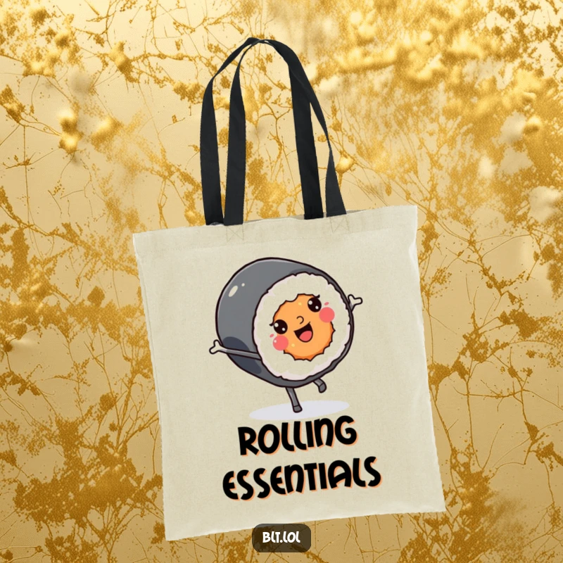 Funny smiling Kawaii sushi roll character mid-cartwheel on a stylish tote bag, ideal for shopping.
