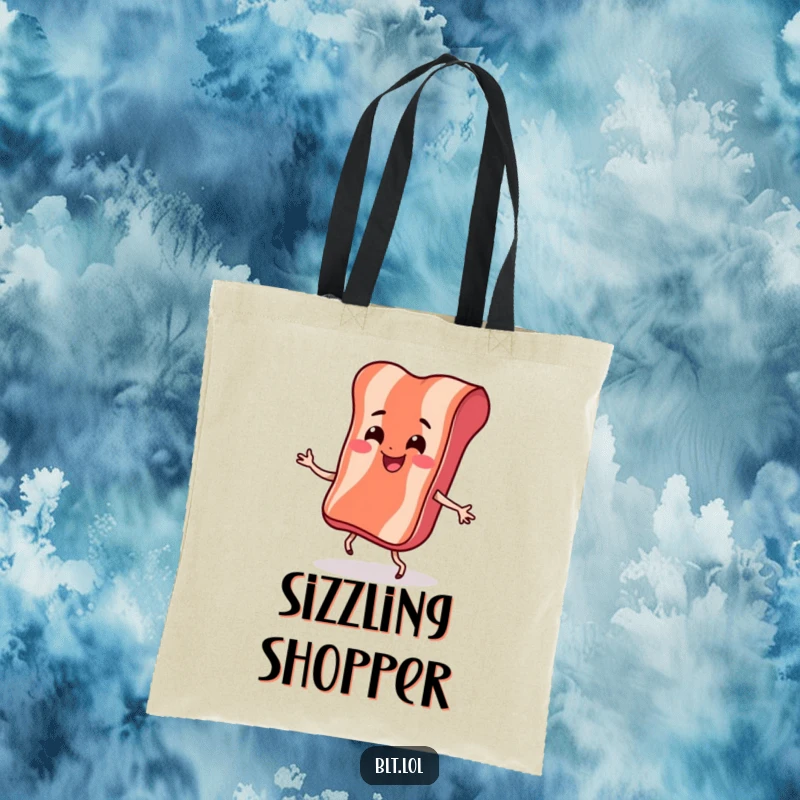 Funny Tote Bag with a smiling bacon strip doing a bouncy dance, bringing energetic and humorous breakfast vibes.